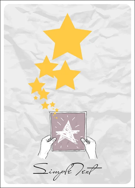 Foglio di carta in mani e stelle. Illustrazione astratta del vettore — Vettoriale Stock