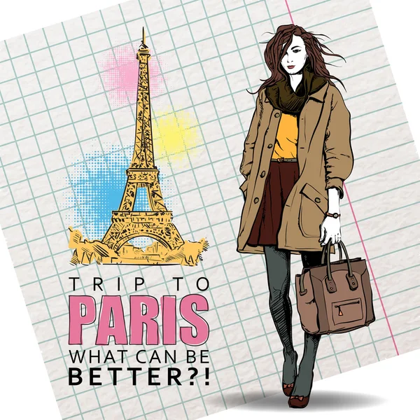 Lovely winter girl in sketch-style on a eiffel tower background. Vector illustration — Stock Vector
