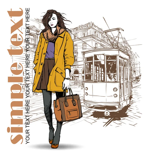 EPS10 vector illustration of a pretty fashion girl and old tram. Vintage style. — Stock Vector