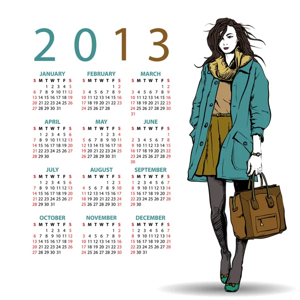 2013. Calendar with fashion girl. — Stock Vector