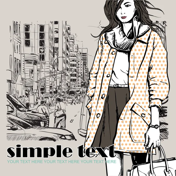 Sweet fashion girl on a street background. Vector illustration — Stock Vector