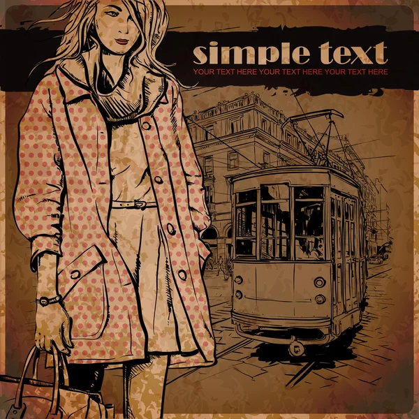 Moda güzel kız ve eski tramvay eps10 vektör çizimi. Vintage tarzı. — Stok Vektör
