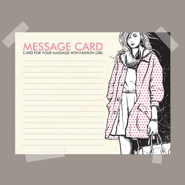 Message card with fashion girl fixed with sticky tape. Vector illustration. — Stock Vector