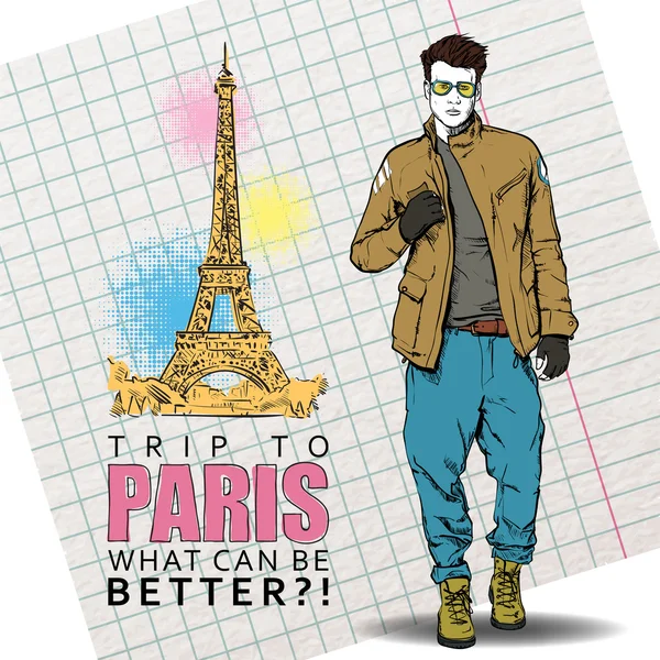 Stylish guy on a eiffel tower background. Vector illustration — Stock Vector