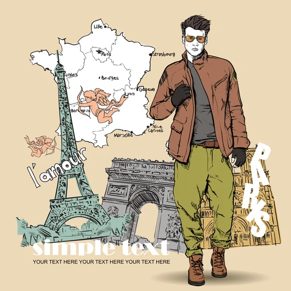Vektor-Illustration des stylischen Typen auf französischem Hintergrund. — Stockvektor