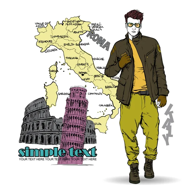 Junger stylischer Kerl mit italienischem Hintergrund. Vektorillustration. — Stockvektor