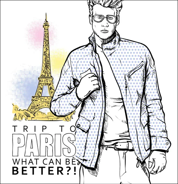 Stylish guy on a eiffel tower background. Vector illustration — Stock Vector