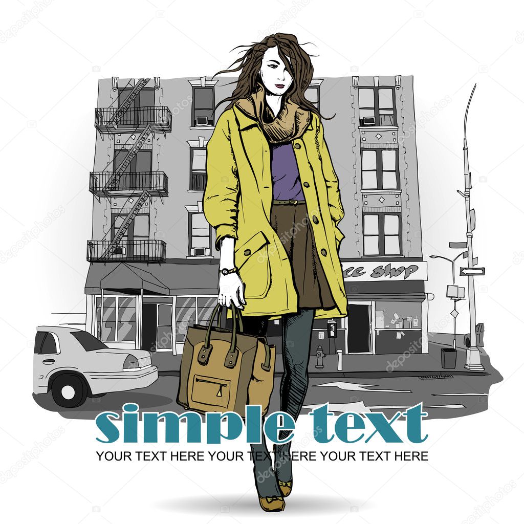 Sweet fashion girl on a street background. Vector illustration