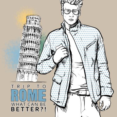 İtalyan bir arka plan üzerinde şık genç adam. vektör çizim.