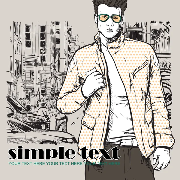Stylish young guy on a street-background. Vector illustration. — Stock Vector