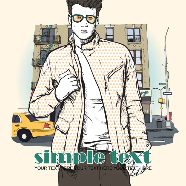 Stylish young guy on a street-background. Vector illustration. — Stock Vector