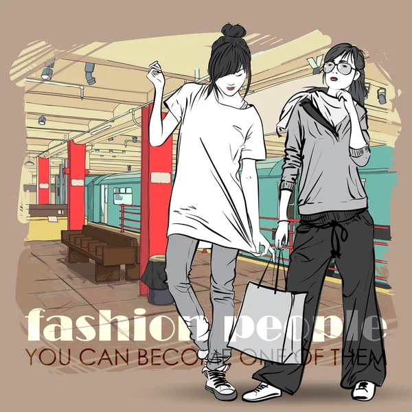 Vektor-Illustration zweier Modemädchen an einer U-Bahn-Station. Platz für Ihren Text. — Stockvektor