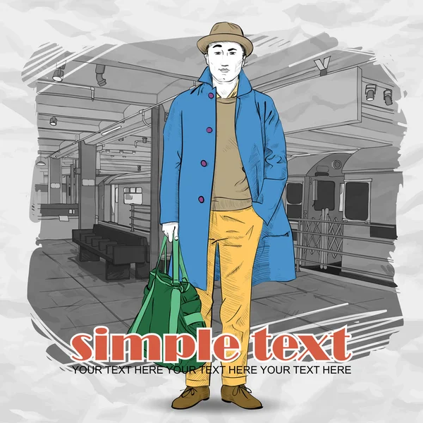 Stylish dude at subway station. Vector illustration — Stock Vector