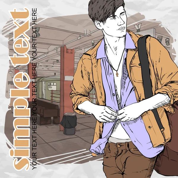 Stylish dude at subway station. Vector illustration — Stock Vector