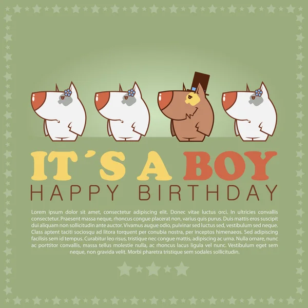 Funny happy birthday greeting card with cute cartoon dogs. — Stock Vector