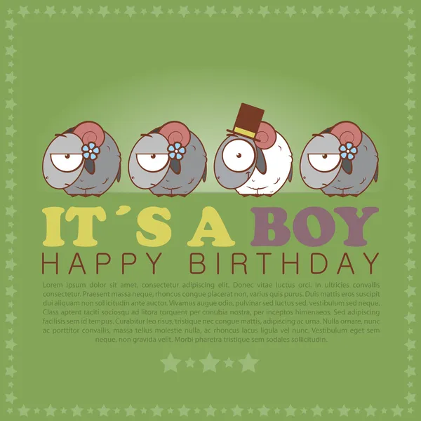 Funny happy birthday greeting card with cute cartoon sheep. — Stock Vector