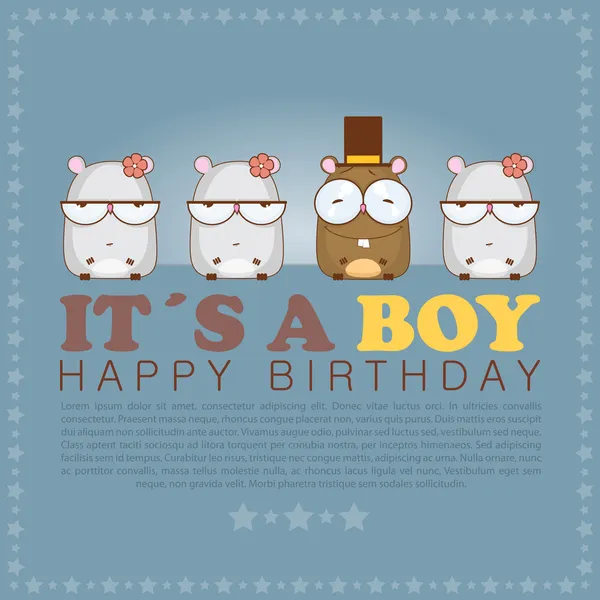 Funny happy birthday greeting card with cute cartoon hamsters — Stock Vector