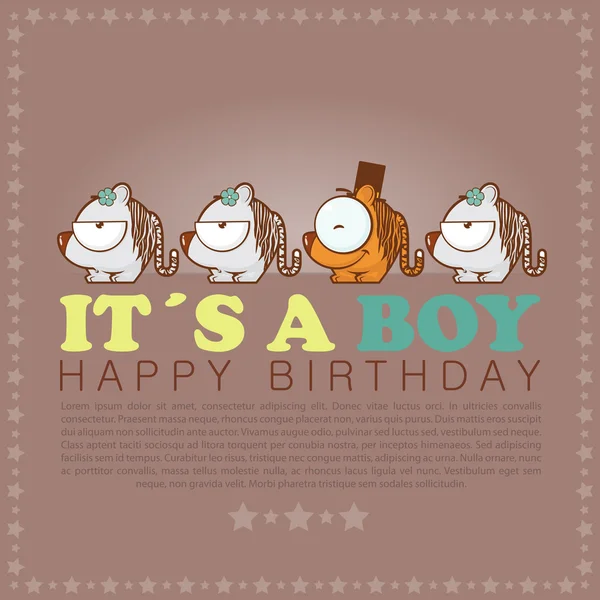 Funny happy birthday greeting card with cute cartoon tigers. — Stock Vector