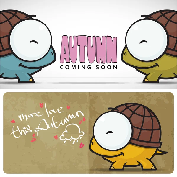 Herbstliche Vektorkarte mit lustiger Cartoon-Schildkröte und Text. — Stockvektor