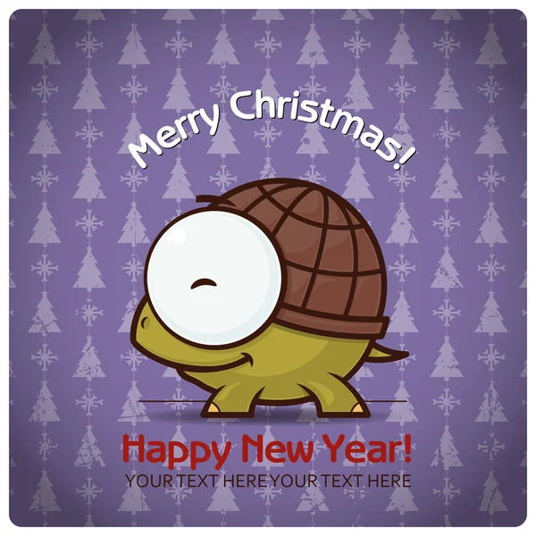 Tarjeta de felicitación navideña con tortuga de dibujos animados. Ilustración vectorial — Vector de stock