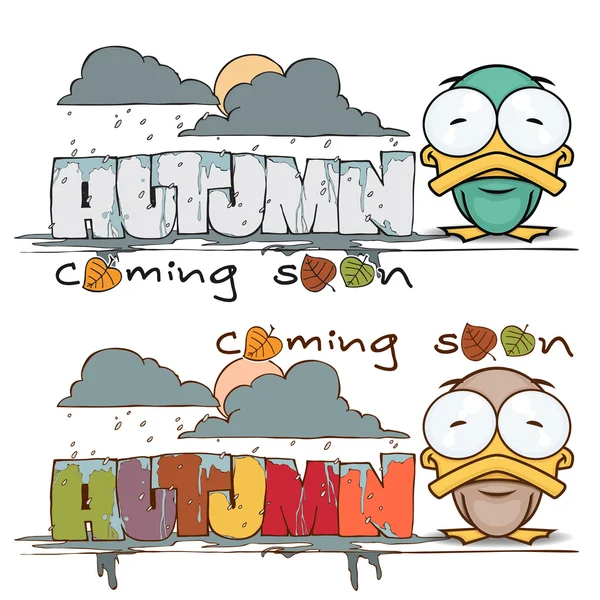 Herbstliche Vektorkarte mit lustigen Cartoon-Enten und Text. — Stockvektor