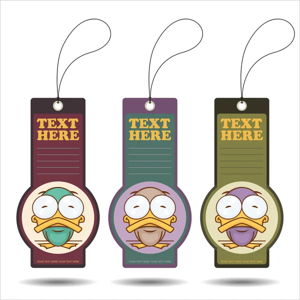 Set of tags with funny cartoon duck. Vector. — Stock Vector