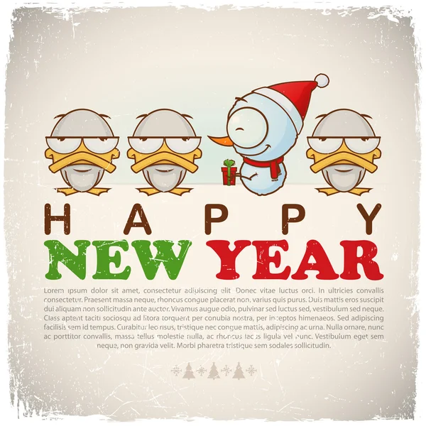 New Year greeting card with snowman and ducks. Vector illustration — Stock Vector