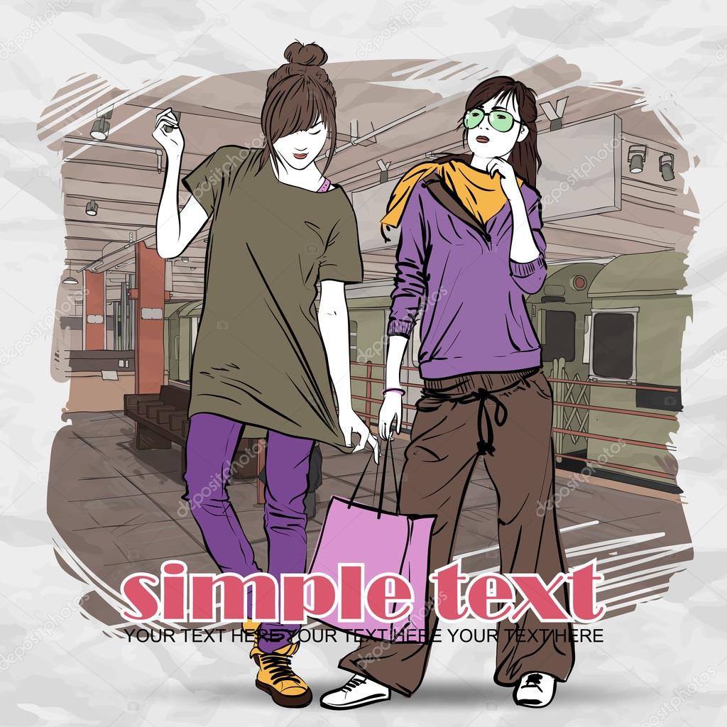 Vector illustration of two fashion girls at subway station . Place for your text.