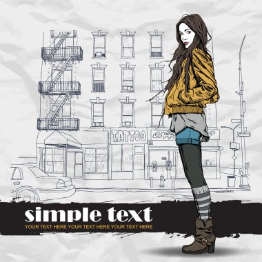 tatlı moda kız sokak arka plan üzerinde. vektör çizim