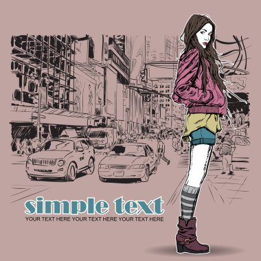 tatlı moda kız sokak arka plan üzerinde. vektör çizim