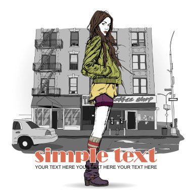 tatlı moda kız sokak arka plan üzerinde. vektör çizim