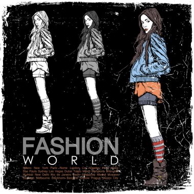 Kroki tarzı bir grunge arka planda genç bir kız. vektör çizim