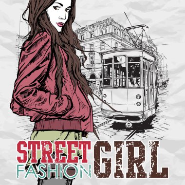 moda güzel kız ve eski tramvay eps10 vektör çizimi. Vintage tarzı.