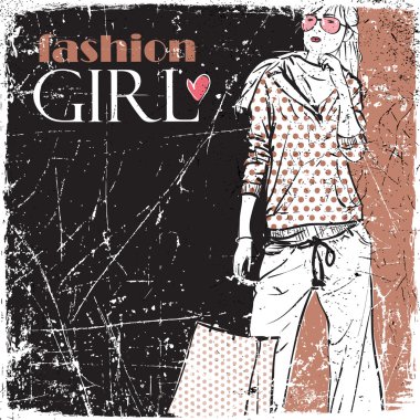 Kız çok güzel moda Vintage vektör çizim.