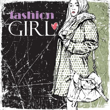 Kız çok güzel moda Vintage vektör çizim.