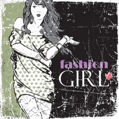 Kız çok güzel moda Vintage vektör çizim.