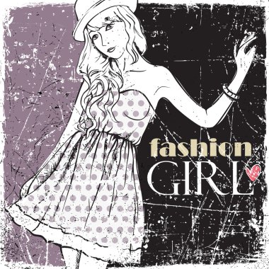 Kız çok güzel moda Vintage vektör çizim.