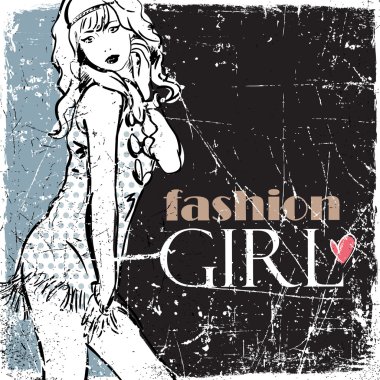 Kız çok güzel moda Vintage vektör çizim.