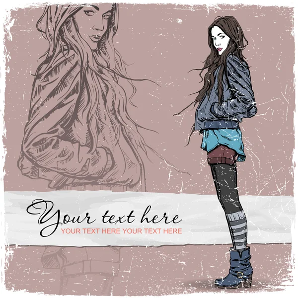 Vintage scratched background with sweet fashion girl. — Stock Vector