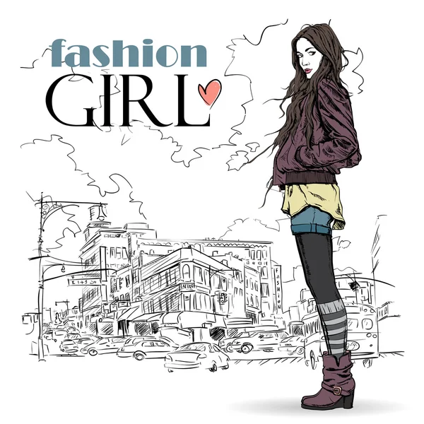 Menina de moda doce em um fundo de rua. Ilustração vetorial —  Vetores de Stock