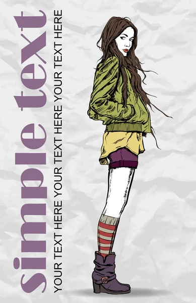可爱的女孩在 grunge 背景上的素描样式。矢量插画 — 图库矢量图片
