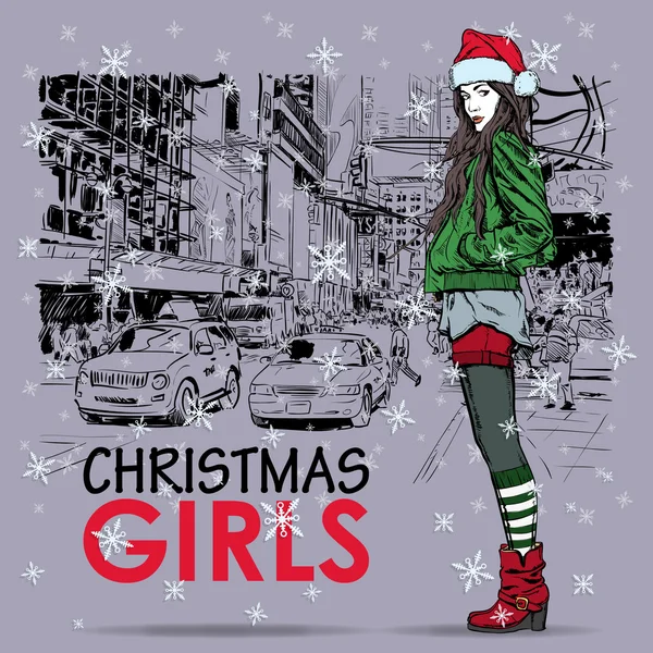 Lovely christmas girl on a street background. Vector illustration — Stock Vector