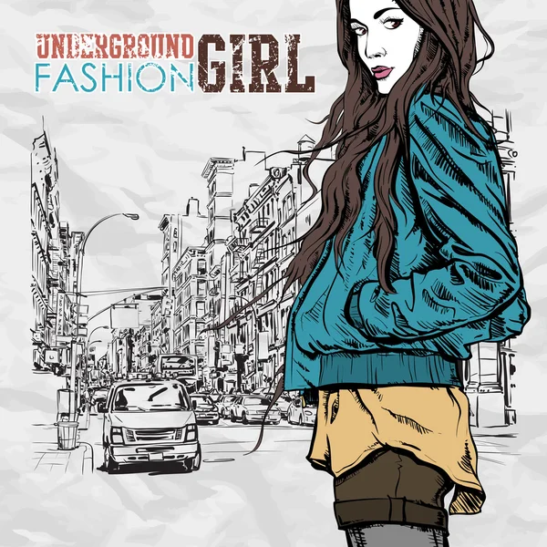 Sweet fashion girl on a street background. Vector illustration — Stock Vector