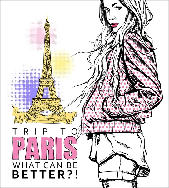Krásné zimní dívka v náčrtu stylu na pozadí Eiffelova věž. vektorové ilustrace — Stockový vektor