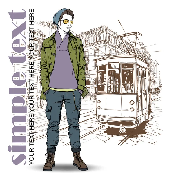 Vector illustration of a stylish guy and old tram. — Stock Vector