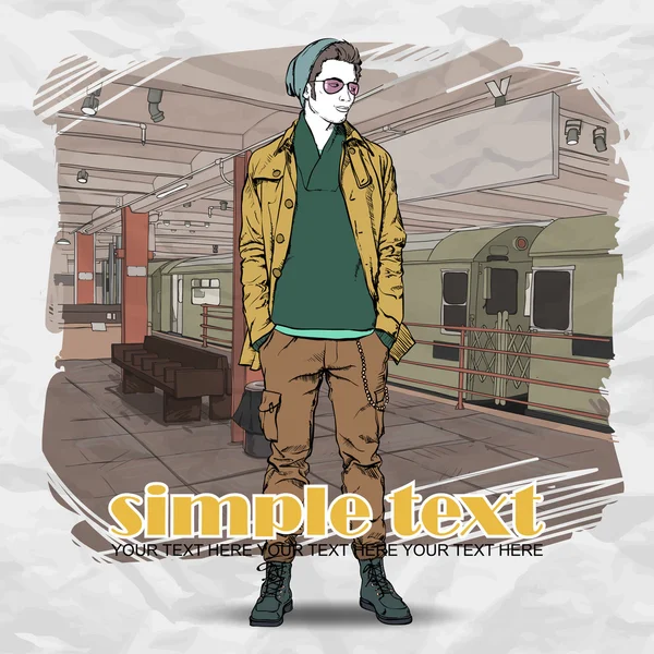 Stylish young guy at subway station. Vector illustration — Stock Vector
