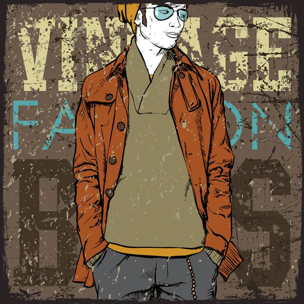 Stylischer junger Mann mit Grunge-Hintergrund. Vektorillustration. — Stockvektor