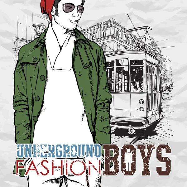 Vector illustration of a stylish guy and old tram. — Stock Vector