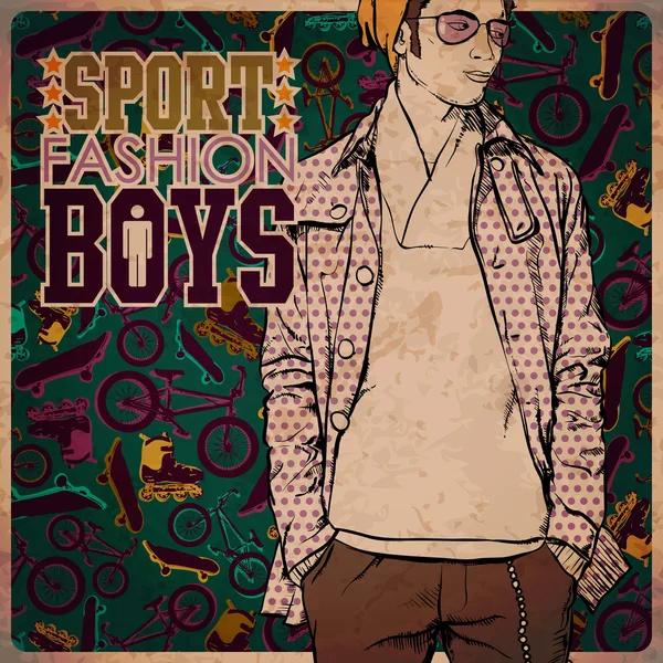 Cool jongen in schets-stijl op een achtergrond van sport. vectorillustratie — Stockvector