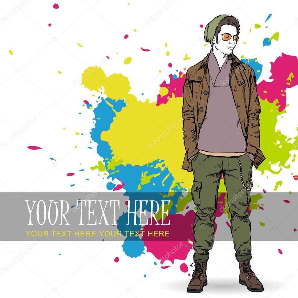 Fashion boy with bag and glasses in sketch-style on a grunge-background. Vector illustration.